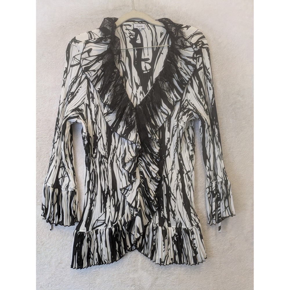 Agora Ruffle Blouse Women's Large Y2K Abstract Lace Pleated Bell Cuff